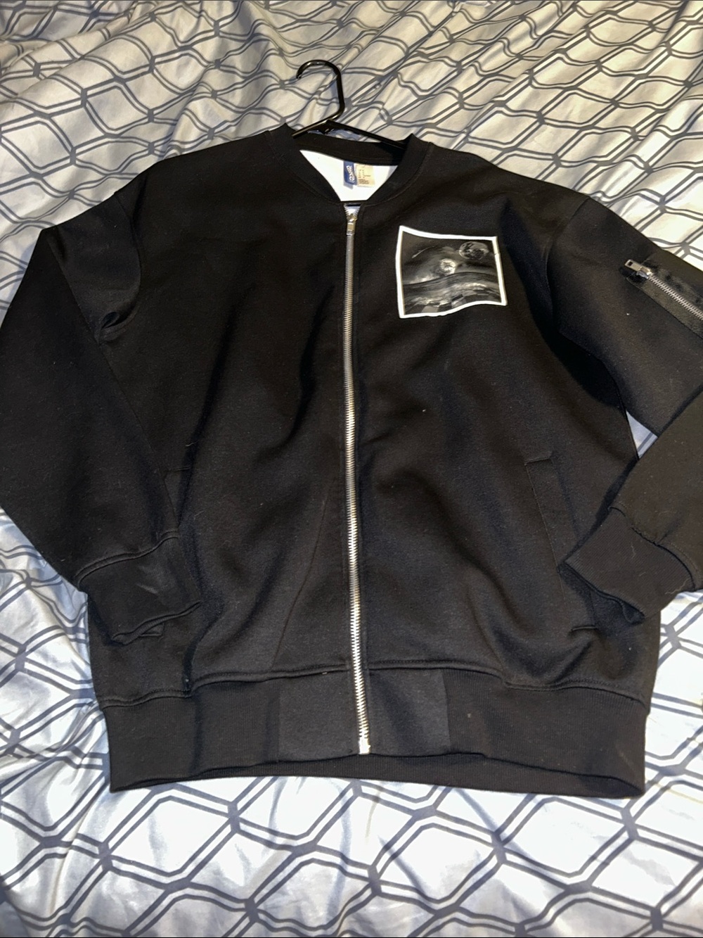 Divided Men's Black Zip-Up Sweater with Chest Photo Patch